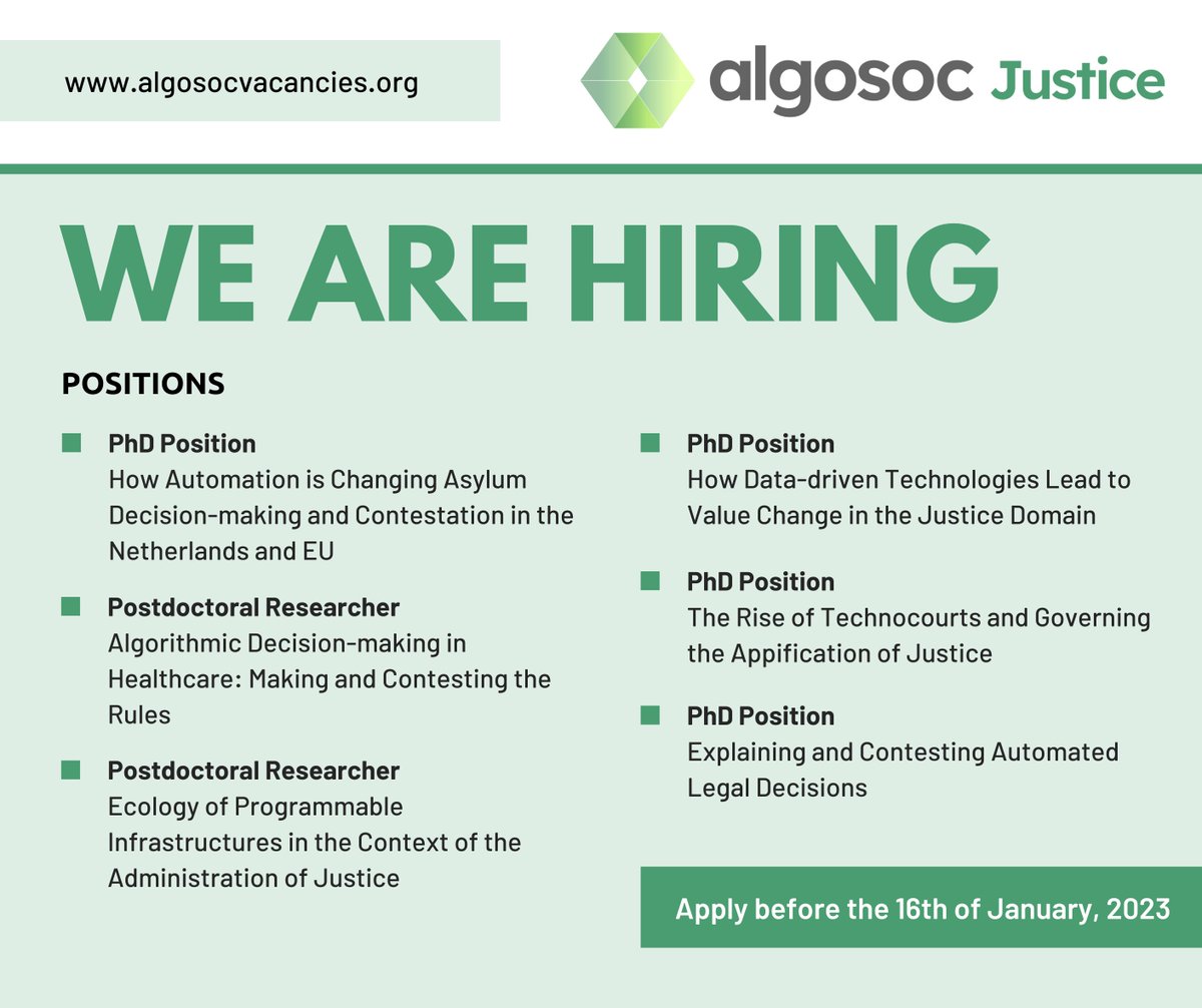 Come work with us! The key challenge for the Justice sector is to define and realize public values surrounding the rule of law in the algorithmic society. For more info on the application procedure and vacancies in our Health and Media sector visit algosocvacancies.org