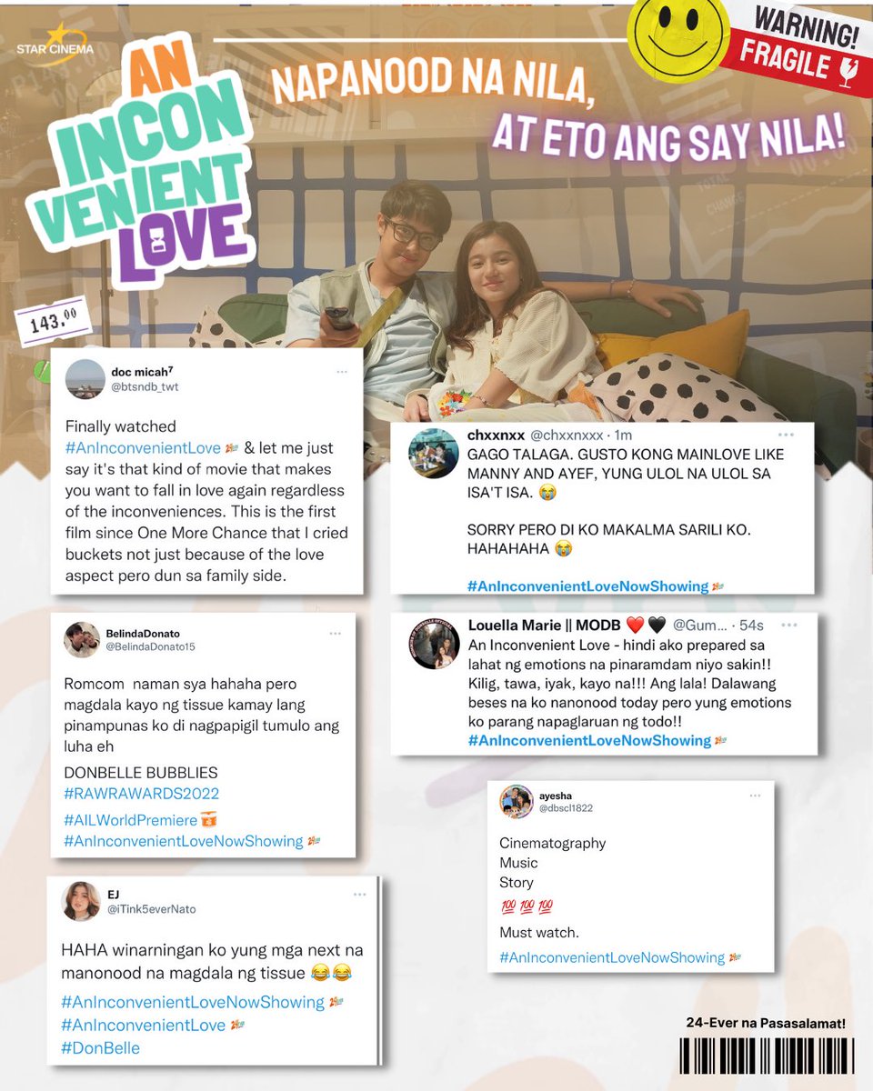 StarCinema's tweet photo. Huy! RomCom ‘to diba? Bakit kailangan ng tissue? 🤧🤭

Para malinaw, dapat may resibo! Yayain na ang family and friends to find out why! 💯🧡💚💜

#AnInconvenientLoveNowShowing EXCLUSIVELY in OVER 170 CINEMAS WORLDWIDE! 🌏 https://t.co/xuBW3fSUQj