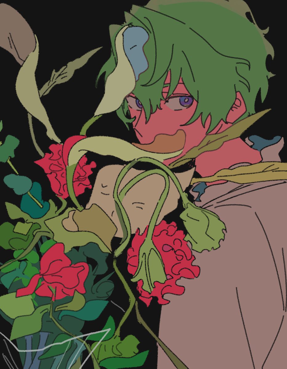 1boy male focus solo flower black background green hair plant  illustration images