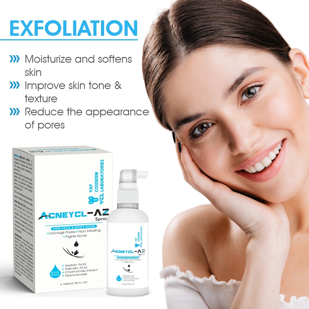 Acneycl-AZ Body Spray is exclusively fourmulated to clear the breakouts in hard-to readch areas. this unique product containing a blend of the anti-acne actives like salicylic acid,retinol and sodium shale oil, sulphonate effectively clears the pores, caims redness and fight acne