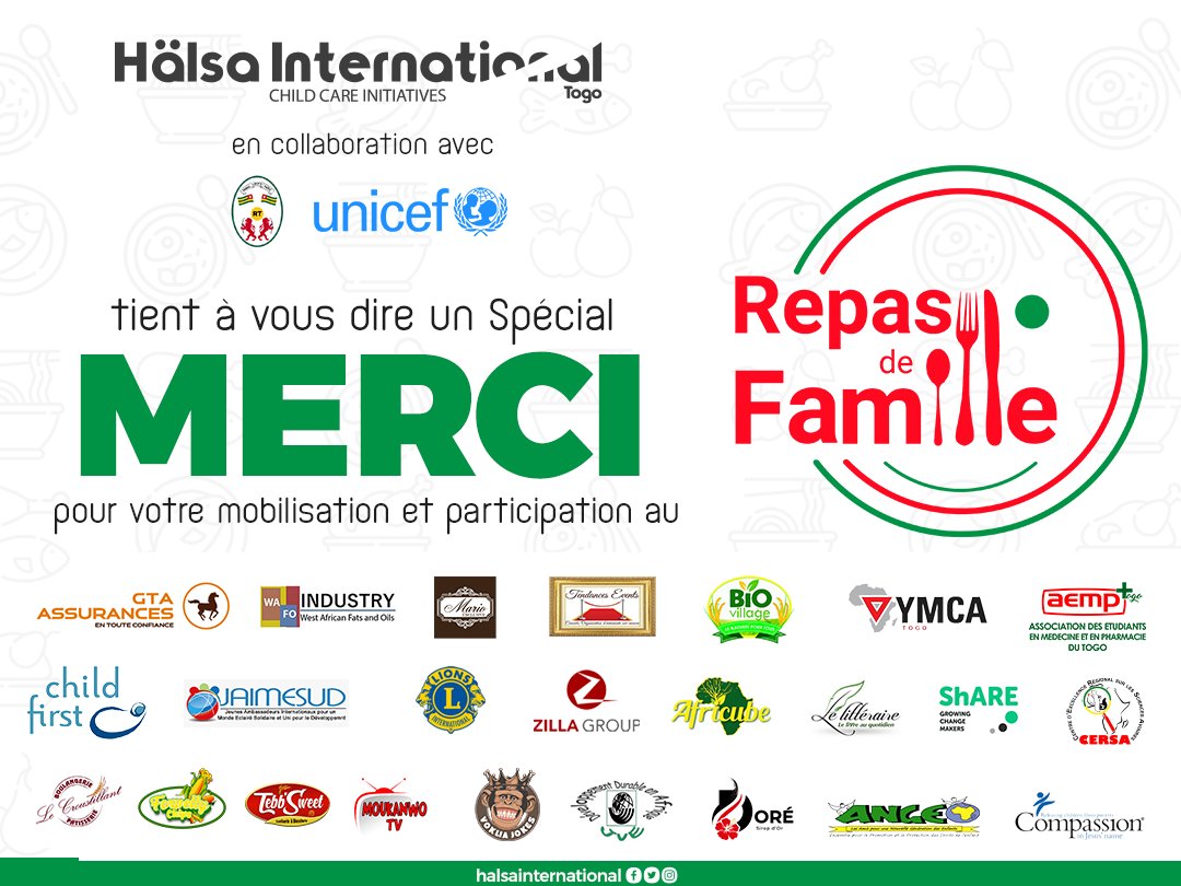 Halsa International Togo (@halsa_inttogo) on Twitter photo Nous tenons à vous dire un Spécial Merci à tous nos partenaires et à tout le monde pour votre mobilisation et participation au #RepasdeFamille en compagnie des enfants !
#halsainternational #TT228 #droitsdesenfants <a href="/ChildFirstInc/">Child First</a> Nous tenons à vous dire un Spécial Merci à tous nos partenaires et à tout le monde pour votre mobilisation et participation au #RepasdeFamille en compagnie des enfants !
#halsainternational #TT228 #droitsdesenfants <a href="/ChildFirstInc/">Child First</a>