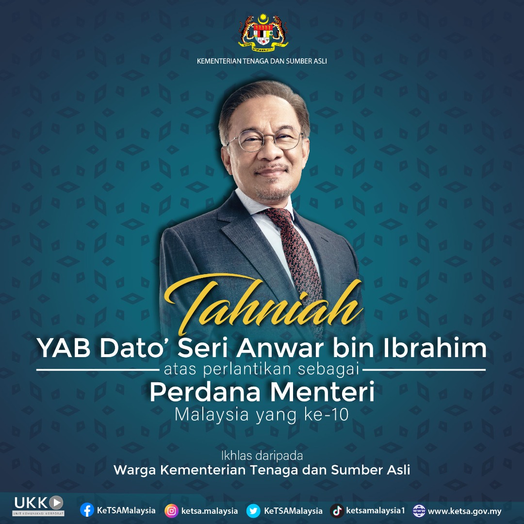 nresmalaysia's tweet photo. Setinggi-tinggi tahniah kepada YAB Dato' Seri Anwar bin Ibrahim atas pelantikan sebagai Perdana Menteri Malaysia ke-10.
#KeTSA
#PM10
#Malaysia https://t.co/48KV0vcEoN