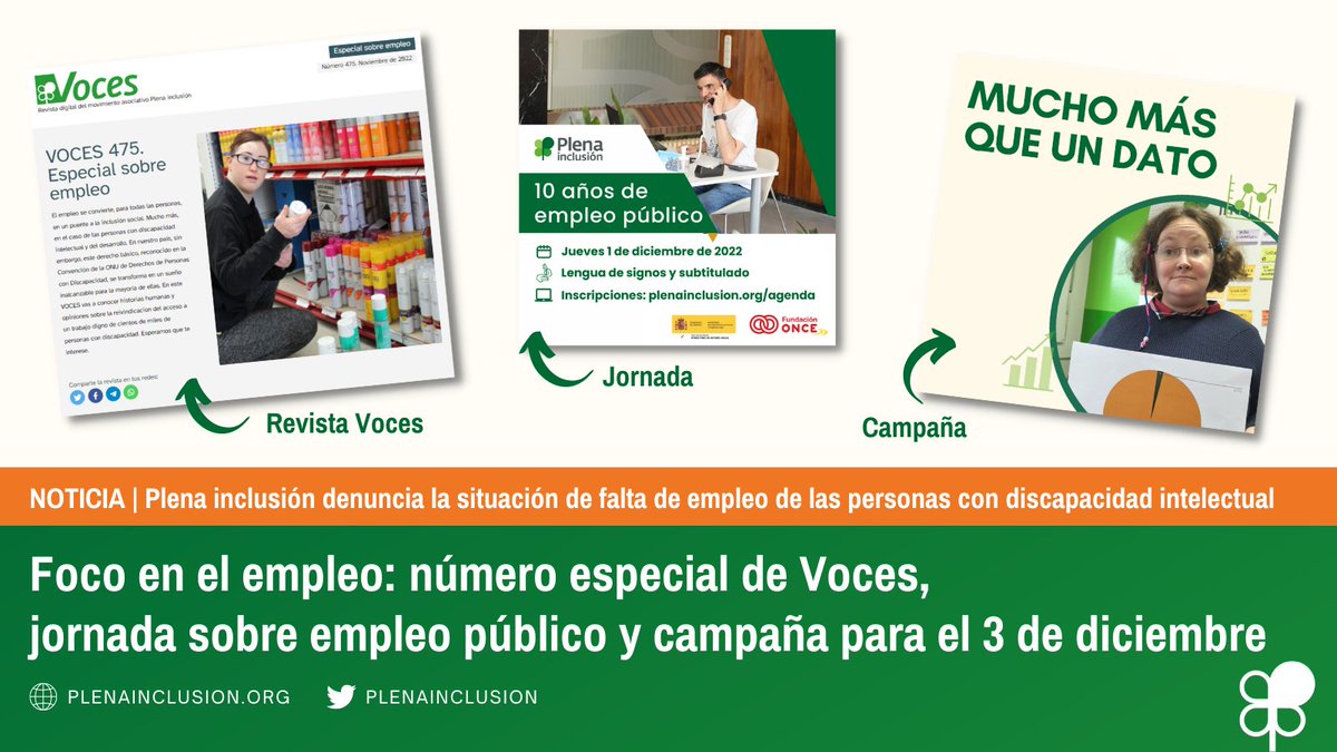 NOTICIA | Plena inclusión reivindica el derecho al #EmpleoInclusivo de las personas con #discapacidadintelectual con varias acciones:

📰Número especial de la revista Voces
🗓️Jornada sobre empleo público
📢Campaña #MuchoMásQueUnDato

⬇️Noticia
plenainclusion.org/noticias/foco-…
