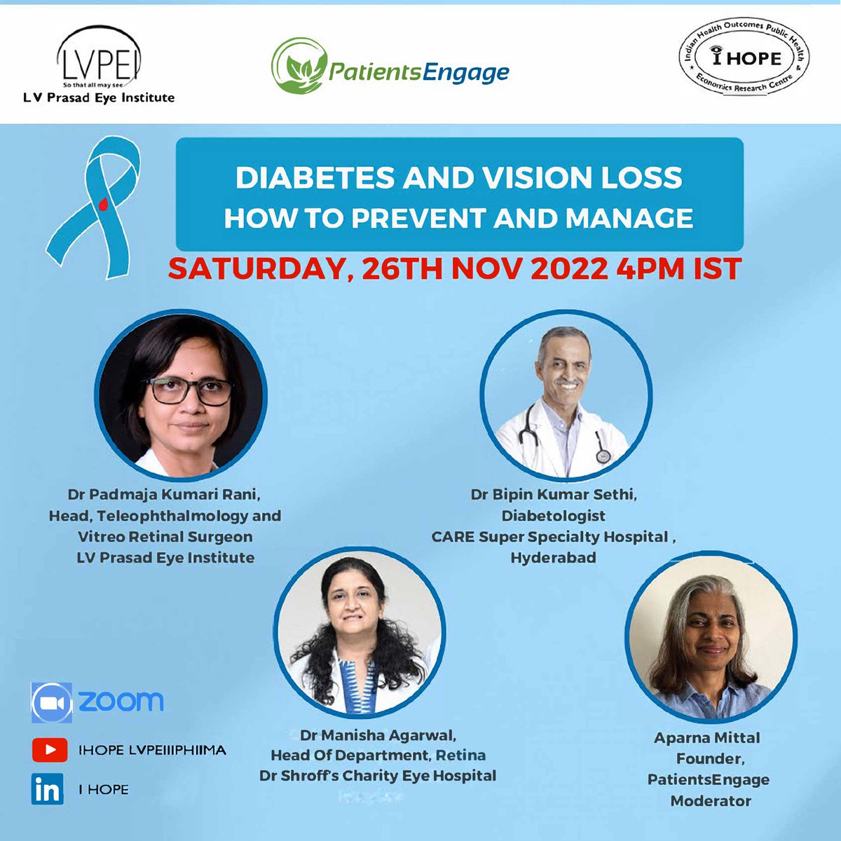 📢WEBINAR  4-5 PM IST, SATURDAY📢

Hear from our experts about Diabetes and Vision Loss: How to prevent and manage.

Webinar Link: us02web.zoom.us/j/87358017801?…
Webinar ID: 873 5801 7801
Passcode: 264264 

#diabetes #lvpei #visionloss #diabetescontrol #diabetesmanage #optometry