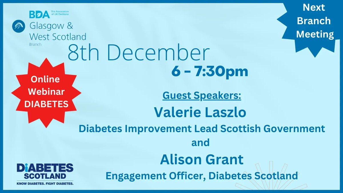 Book your ticket now for our next branch event, 8th December 2022 at 6pm focused on Diabetes with two fantastic speakers buff.ly/3U35V6n. Watch live or catch up with the recording post event by registering in advance for FREE. Please join us @BDA_Scotland @BDAEastScotland