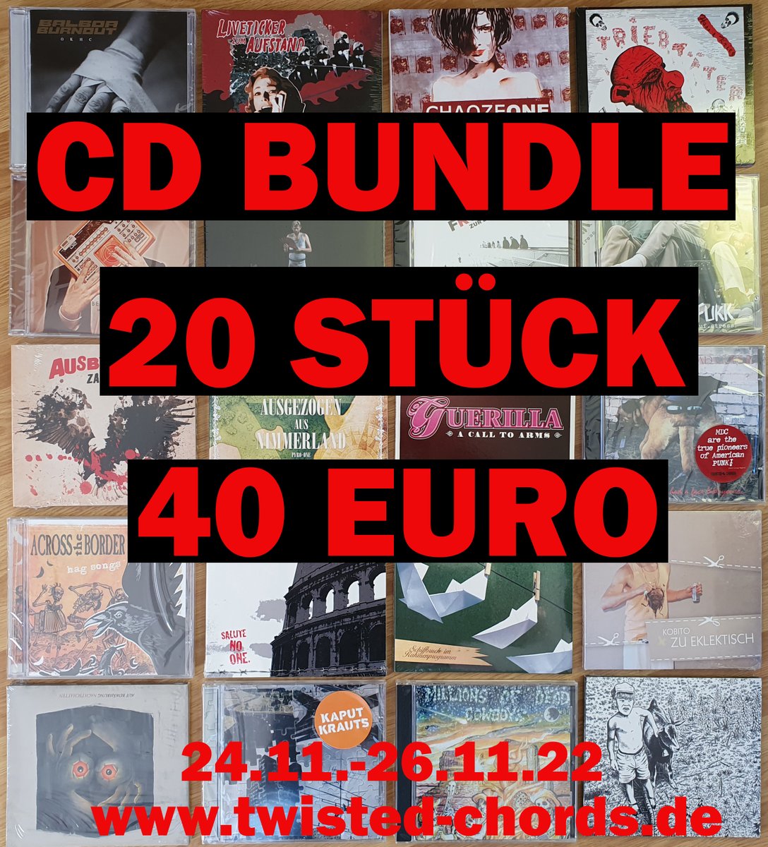 twistedchords's tweet photo. The end is near – next level: BUNDLES
Ein CD-Bundle und ein LP-Bundle zum absoluten Spottpreis. Maximal 2 Bundles pro Bestellung und nur vom 24.-26.11.2022.
Direkt im Shop https://t.co/r0qjpAxlGq https://t.co/N8wlP3Csqk