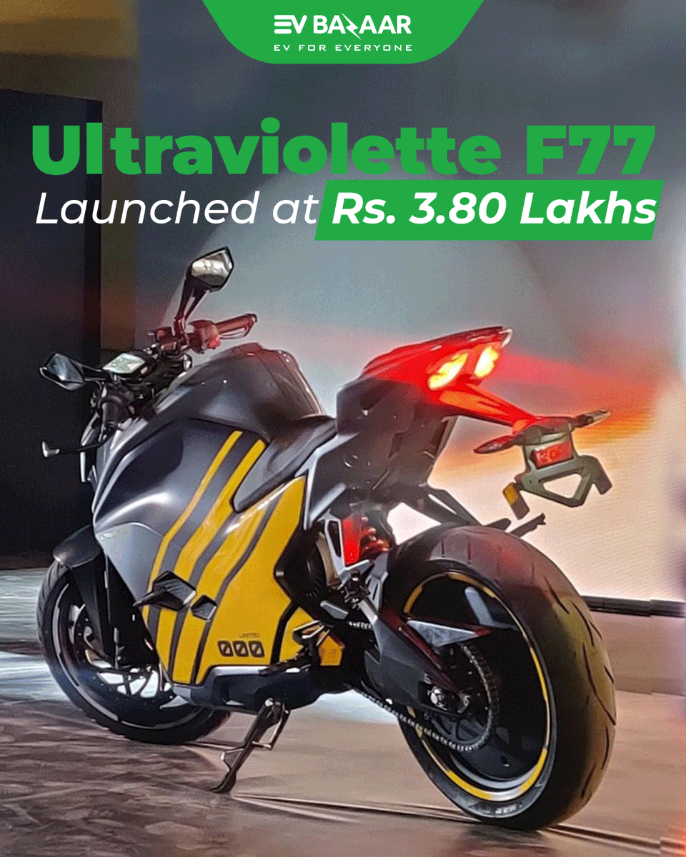 EvBazaar's tweet photo. @UltravioletteEV  F77 launched, the most awaited electric bike has been launched by the company with a starting price tag of Rs. 3.80 Lakh (ex-showroom) 

#ultraviolettef77 #ultraviolette #F77 #launch #f77launch #ultraviolettelaunch #electricvehicles #electricbike #performance https://t.co/OIN4R13wK1