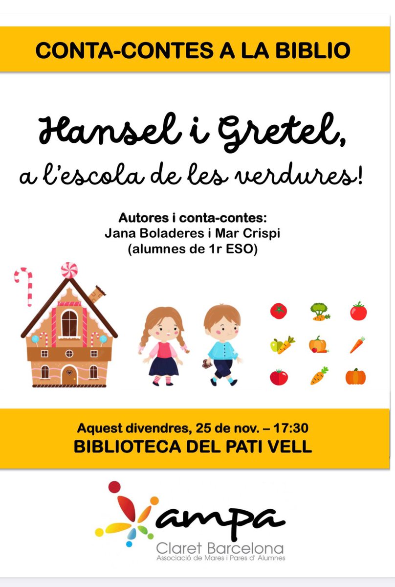 🔴🟡🟢🔵 𝗔𝗠𝗣𝗔 🔵🟢🟡🔴

𝗖𝗼𝗻𝘁𝗮𝗰𝗼𝗻𝘁𝗲𝘀
Aquest 𝗱𝗶𝘃𝗲𝗻𝗱𝗿𝗲𝘀 𝟮𝟱 𝗱𝗲 𝗻𝗼𝘃𝗲𝗺𝗯𝗿𝗲 𝗮 𝗹𝗲𝘀 𝟭𝟳:𝟯𝟬𝗵 no et pots perdre el conte que dues noies de 1r d'ESO explicaran a la Biblioteca del Pati Vell: Hansel i Gretel a l'escola de les verdures. Us hi esperem!