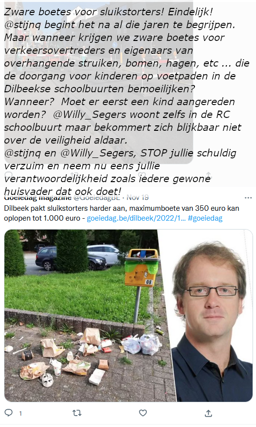 VJournalisten's tweet photo. 🆘 Iedere dag aanslagen o/d veiligheid van kinderen in #Dilbeek
✅Boetes voor sluikstorten (hinder op voetpad)👍, maar waarom niet voor eigenaars van overhangende struiken, hagen, bomen, etc die ook vr hinder zorgen op voetpad, @Willy_Segers , @stijnq en @PolitieDilbeek ? https://t.co/yEfqDWOY2j