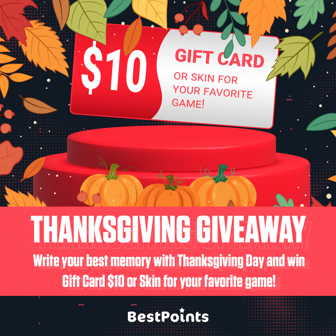 BestPointsVA's tweet photo. THANKSGIVING GIVEAWAY 🍂 Write your best memory with Thanksgiving Day and win Gift Card $10 or Skin for your favorite game! The giveaway is on our instagram: https://t.co/Pj3WjGio2Z 🍄 Happy Thanksgiving Day! 🍁

#bestpoints #giveaway #thanksgivingday #giveaways #gifts #win https://t.co/yXs4hpvzl6