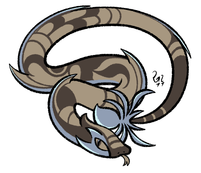 New Monster Concept! Jatkamar, a Ground/Carbon type snek. It slithers its body to cut things/burrow underground using its metal-like sides and lures prey using the bug-like bit on the end of its tail.
Based on the Spider-tailed Horned Viper
#gamedev #indiedev #IndieGameDev