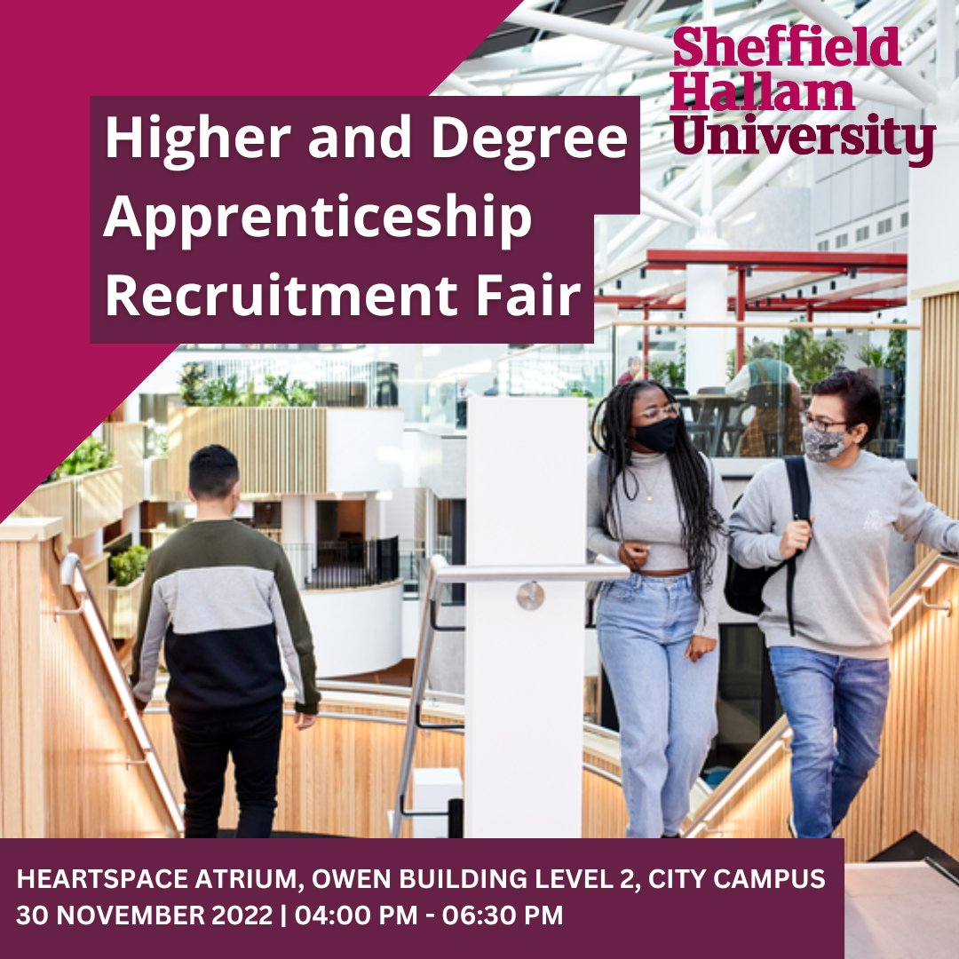 Next week we will be hosting a Higher and Degree Apprenticeships fair! Join us on Wednesday 30th November to learn more about degree apprenticeships and what roles and opportunities there are in the region. 

Find out more here▶️ shu.ac.uk/visit-us/hda 

#SHUOutreach