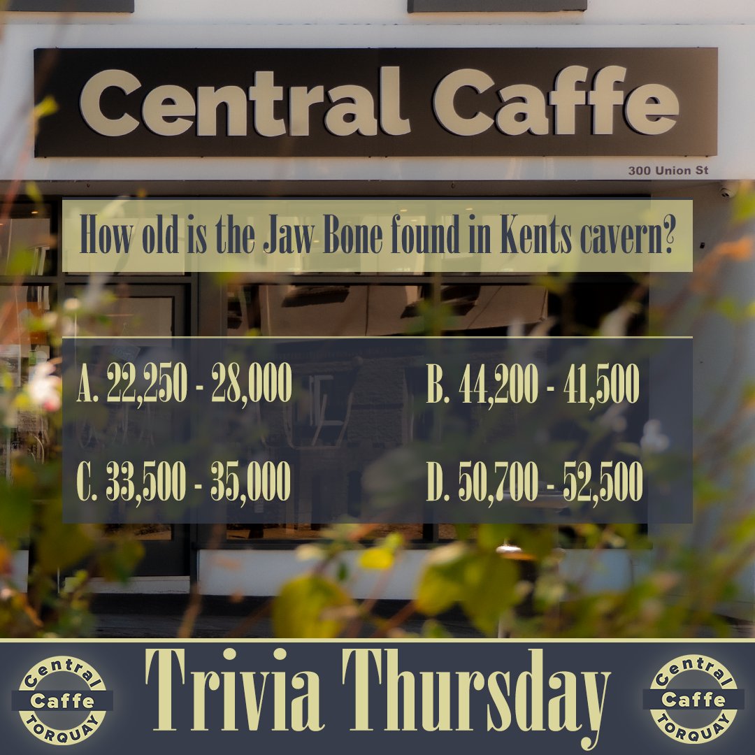 CentralCaffe's tweet image. We are continuing Trivia Thursday! 😎📖

The answer for last week was… D!

Today's Question:
How old is the Jaw Bone found in Kent's cavern? 💀
22,250 - 28,000
44,200 - 41,500
33,500 - 35,000
50,700 - 52,500

Let us know your answers in the comments below!

See ya in a week! 😀