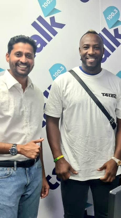 rjvickysdubai's tweet photo. Good session with @Russell12A this morning on #talkbreakfast, we even played cricket with him and I got his wicket too 🤣 video coming soon #KKR #AbuDhabiT10 #t4tech https://t.co/WiZekbMHli
