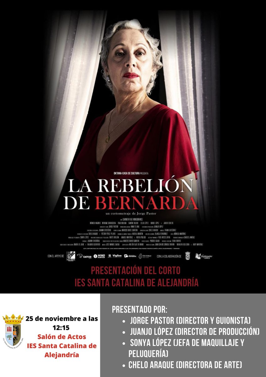 Mañana nos visita el director del corto la Rebelión de Bernarda para presentarlo en nuestro centro. Tras la proyección habrá un coloquio con el alumnado de bachillerato y ciclos