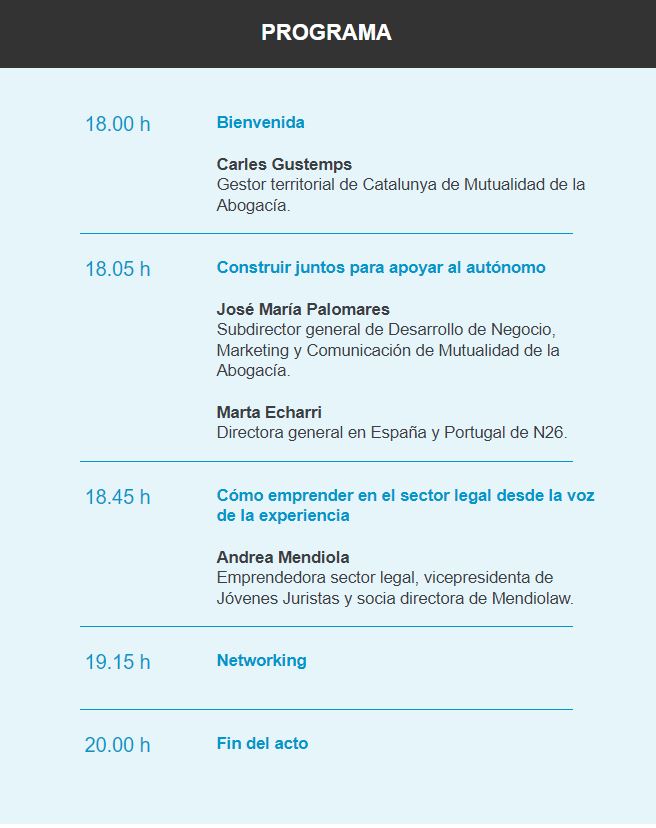 ➡️ El lunes que viene, bajo la propuesta de valor #SoyAutonomo, @MutuaAbogacia celebra el primer evento junto a <a href="/N26ES/">N26 España</a> en Barcelona: 'Claves para #emprender con éxito en el sector legal'. 

¡Os animo a asistir si tenéis la oportunidad!
📅28/11
⏰18:00
👉 hubs.ly/Q01t2F380