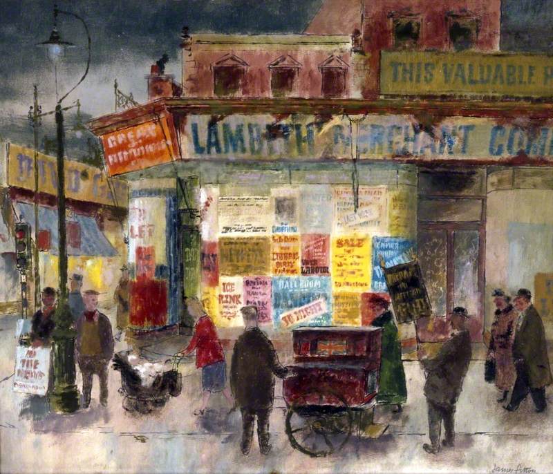 Imagine this everyday life scene <a href="/artukdotorg/">Art UK</a> #OnlineArtExchange: it's raining, you just left work and for some reason (clocks) it's been pitch-black since 4pm. You can't wait for a lovely cuppa at home – except you don't have teabags 😱

The unsung hero? The trusted corner shop!