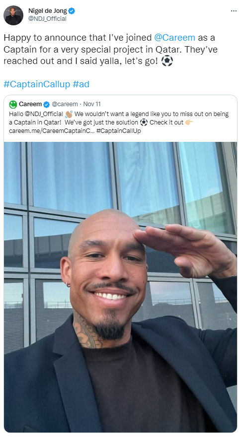 lovindubai's tweet photo. Only in Doha! Dutch footballer Nigel De Jong confirms he's joining Careem as a Captain @CareemUAE @careem #sp #lovindubai #CaptainCallUp @NDJ_Official https://t.co/0aXXYzgKj2