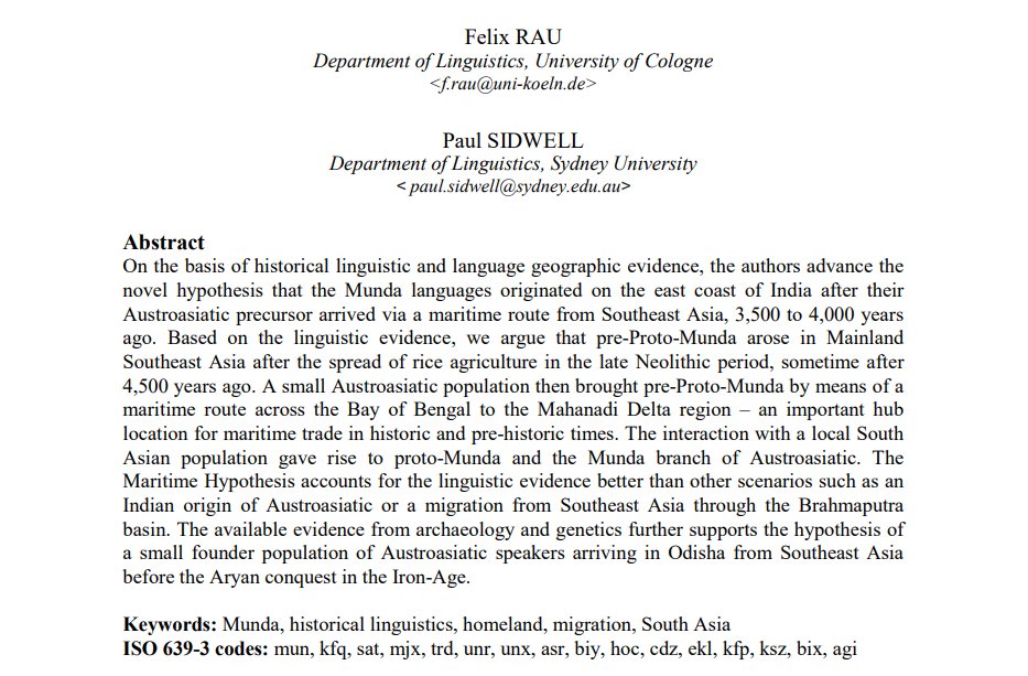 Munda speaking tribals have 20-30% South East asian ancestry which entered India via the Odisha coas...
