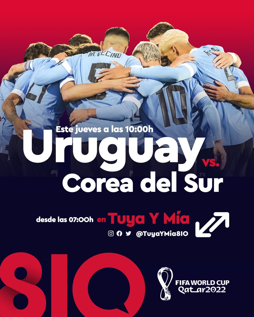 #Qatar2022  
AIRE para la previa de nuestro debut  Mundial:

🎙 <a href="/DiegoSonsol/">Diego Sonsol</a> <a href="/NahuelBeau/">Nahuel</a> <a href="/ACiancioBruni/">Andrés Ciancio Bruni</a> #Willy <a href="/yanibelacurbelo/">Yanibela 💚</a> 

⏰ 10:00
⚽️ <a href="/Uruguay/">Selección Uruguaya</a> 🇺🇾-🇰🇷 <a href="/theKFA/">theKFA</a> 
🎤 <a href="/JuanEsmoris02/">Juan Esmoris</a> <a href="/oscarbelo/">Oscar Belo</a> <a href="/JorgeFSere/">Jorge Fernando Seré</a> 

🔄 Circuito CORI
🌍 Espectador.Com/envivo