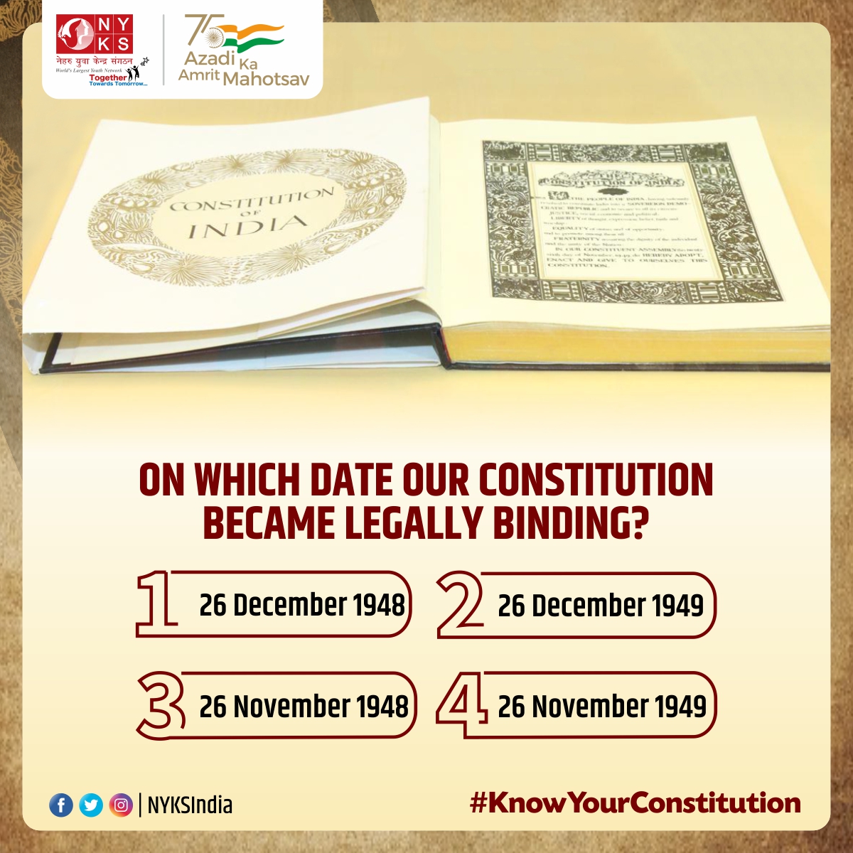 MYBharatHQ's tweet photo. Quiz of the Day!

Participate in the online quiz on India-The Mother of Democracy at https://t.co/FlD7FHvMAU

Read The Preamble to the Constitution at https://t.co/mrxgP92l3T

#KnowYourConstitution #ConstitutionDay #SamvidhanDiwas https://t.co/jnTwbiHE9A