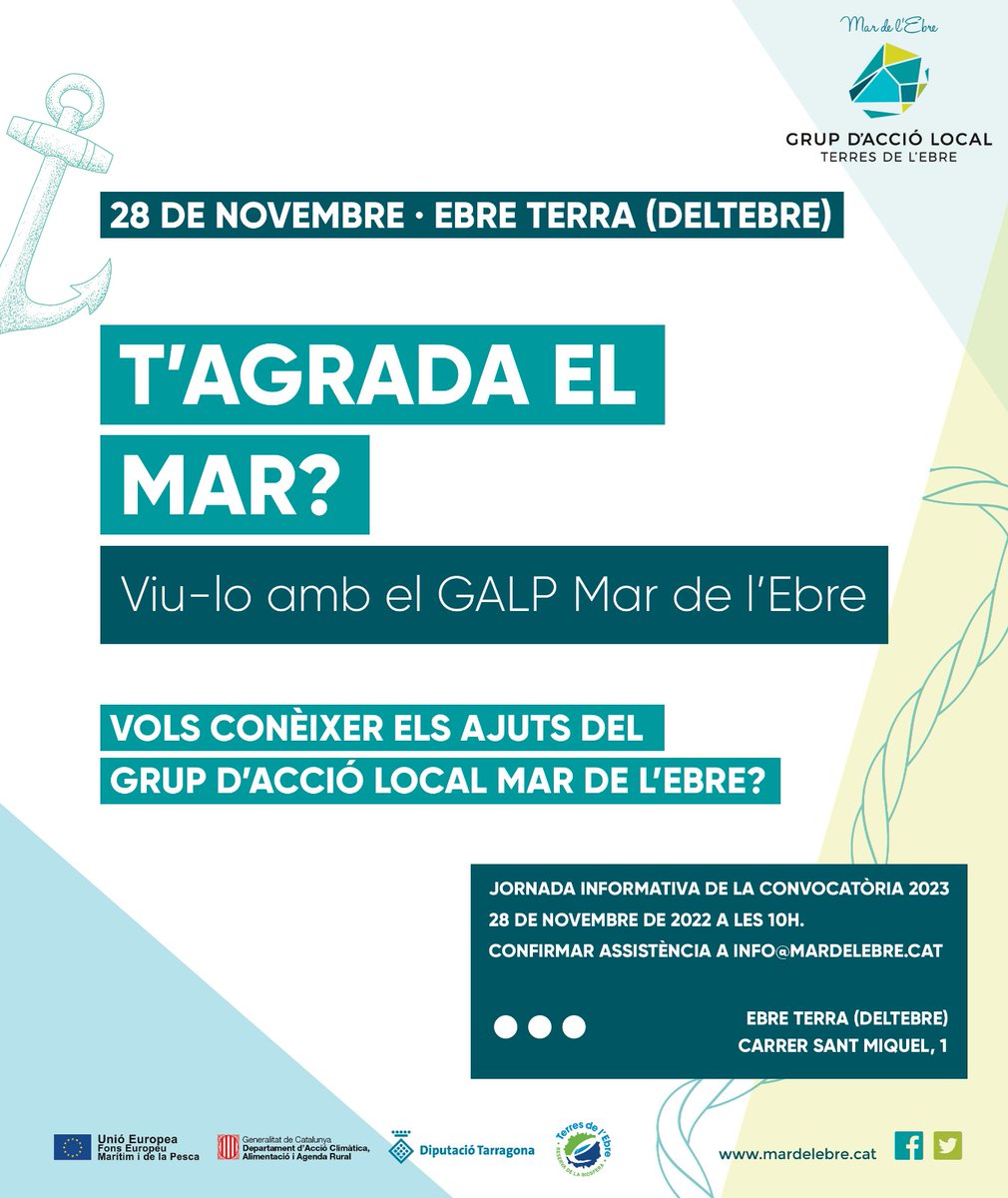 AGENDA | Dilluns 28 de novembre Jornada Informativa dels ajuts del Grup d'Acció Local Mar de l'Ebre pel 2023

⏰A les 10.00
📍Ebre Terra (Deltebre)
📝Inscripcions info@mardelebre.cat