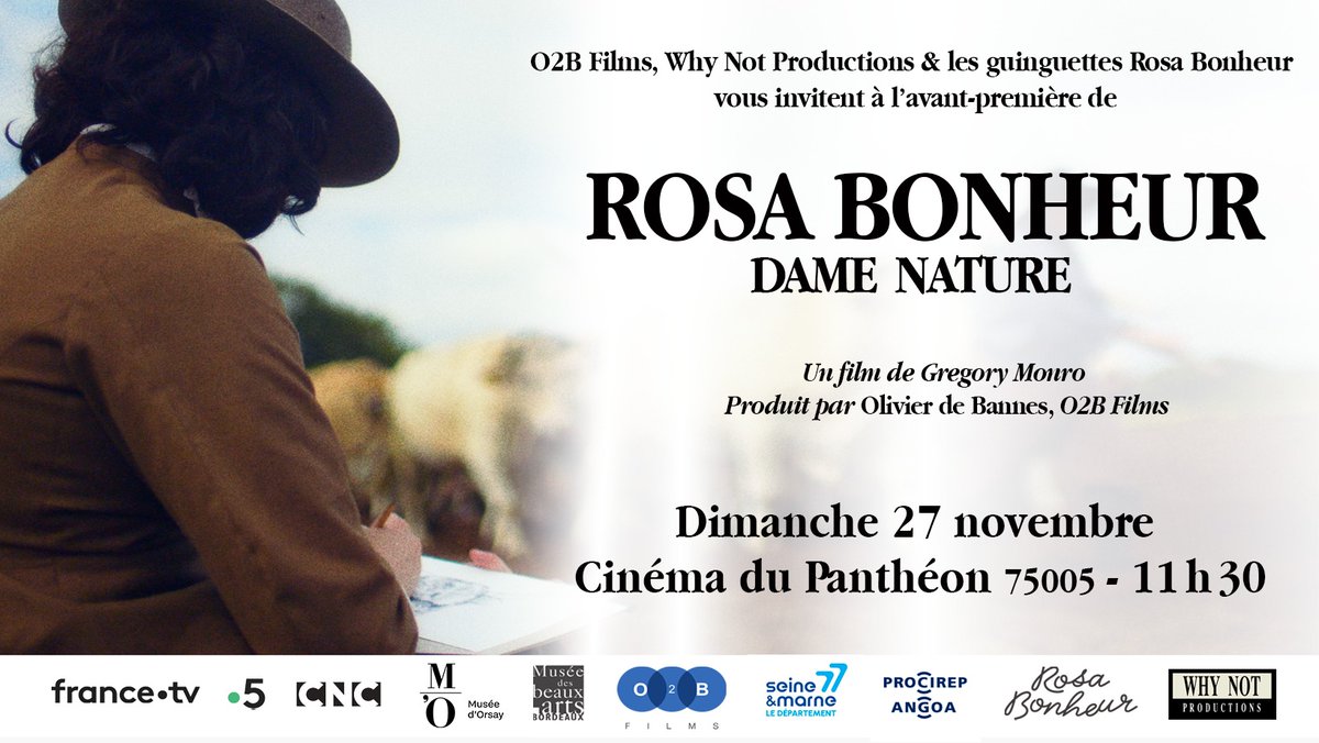 Rosa Bonheur, Dame Nature
Un film de <a href="/gregmonro/">Gregory Monro</a> <a href="/o2bfilms/">O2B Films</a>
Avant première au <a href="/cinemapantheon/">Cinéma du Panthéon</a> 
Dimanche 27 novembre 2022 11h30
Dans le cadre de l'expo au <a href="/MuseeOrsay/">Musée d'Orsay</a> 
Avec @France5tv 
rosabonheur.fr/events/avant-p…