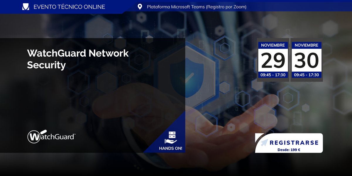 WatchGuard Network Security es nuestro seminario más completo de todos. Dos días de formación para dominar por completo las soluciones WatchGuard. 

Quedan pocos días para nuestro seminario si aun no te has registrado aqui tienes el enlace: ow.ly/ejyf50LMM4I