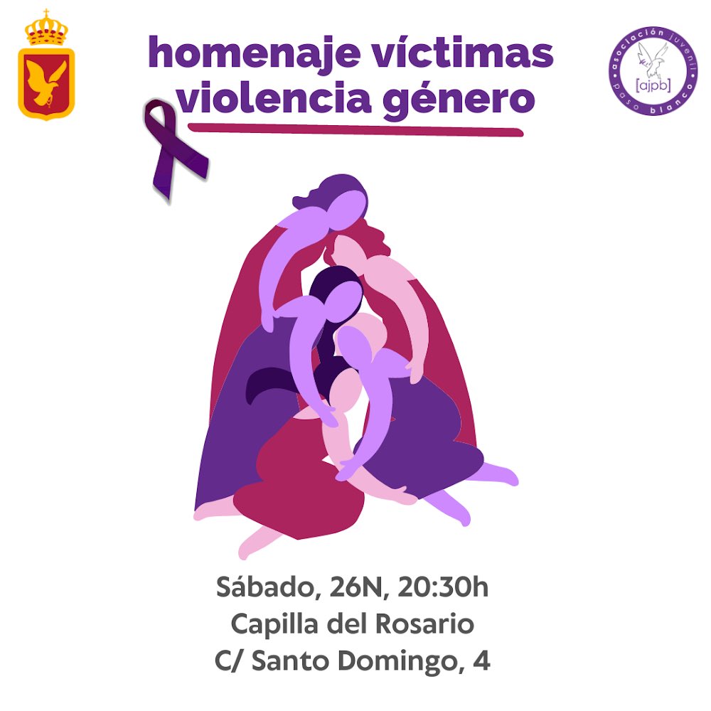 Un año más, nos sumamos a la campaña del #25N del Ayuntamiento de Lorca. 

Porque no queremos que haya #NiUnaMás , el sábado 26 nos vemos en la Capilla del Rosario🤍💐
👩🏻👱🏻‍♀️👩🏼‍🦱👩🏻‍🦰👧🏽👵🏼👩🏼‍🦳

#SomosBlancos #SomosJóvenes 🦅🤍