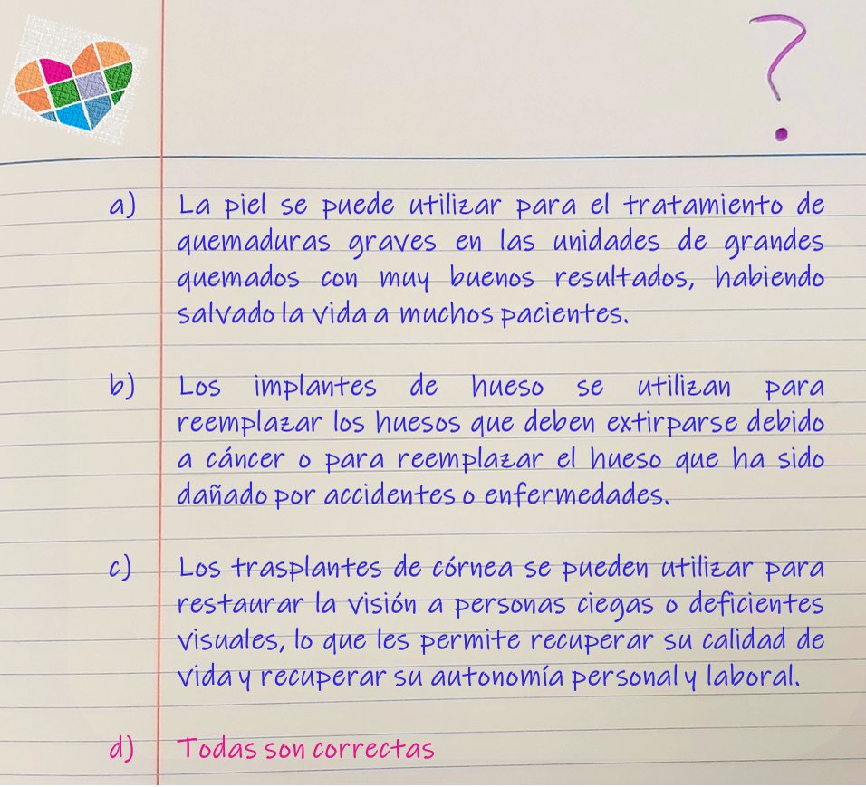 A_Trasplantes's tweet photo. Señale la respuesta correcta respecto a la #Donación de #Tejidos: 👇

@saludand @ONT_esp https://t.co/Dwz6LhRfqq