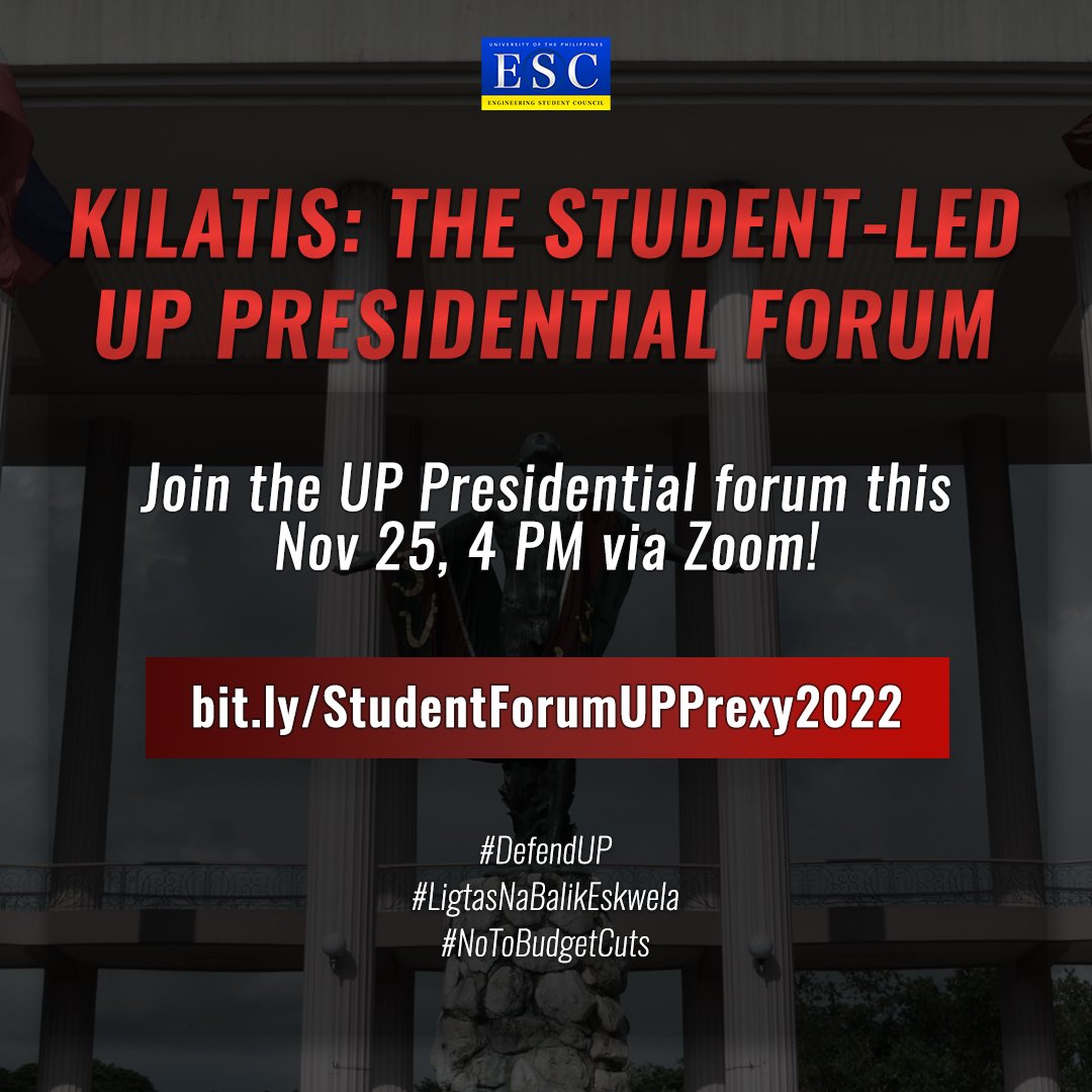 [KILATIS: The Student-Led UP Presidential Forum]

Join KILATIS: The Student-Led UP Presidential Forum organized by the UP OSR, KSUP, and UP Solidaridad tomorrow, 4:00 PM - 8:00 PM via Zoom!

Register at bit.ly/StudentForumUP…

#DefendUP
#LigtasNaBalikEskwela
#NoToBudgetCuts