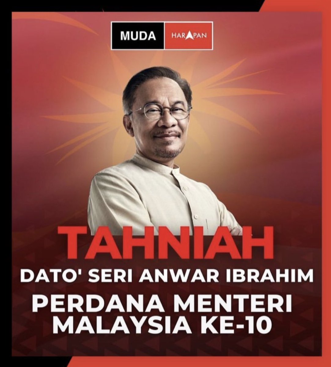 muda_ip's tweet photo. Tahniah diucapkan kepada Dato' Seri
Anwar Ibrahim atas pelantikan sebagai Perdana Menteri yang ke-10.
Semoga bersama kita jadikan Malaysia sebuah negara yang maju dan harmoni.
Demi Malaysia yang lebih baik. #mudaip #PM10malaysia #Harapan https://t.co/6if2zZhkwX