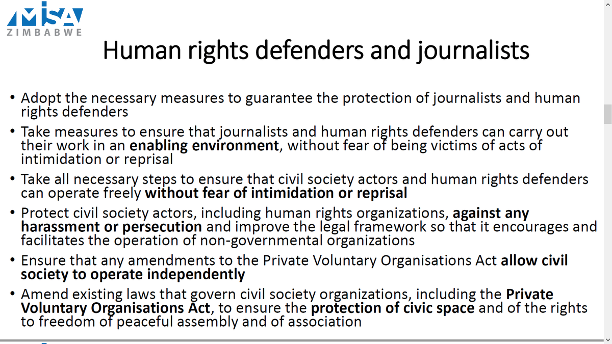 misazimbabwe's tweet photo. 2. Human rights defenders and journalists.
#UPR40
#UPRZW https://t.co/X6fNj7M4RT