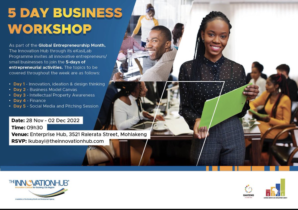 InnovHub's tweet photo. Mohlakeng Entrepreneurs|Small businesses, come celebrate Global Entrepreneurship Month with us on the workshop that will be covering 5 Business topics geared towards taking your ideation forward! 
To join us, kindly check the poster for more information. https://t.co/OPyPhO5MHR