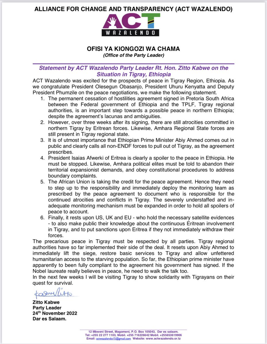 zittokabwe's tweet photo. Statement by ACT Wazalendo Party Leader Rt. Hon. Zitto Kabwe on the situation in Tigray, Ethiopia @reda_getachew @KjetilTronvoll @RAbdiAnalyst @AUC_MoussaFaki @AbiyAhmedAli https://t.co/Xh1Ic2G0AL