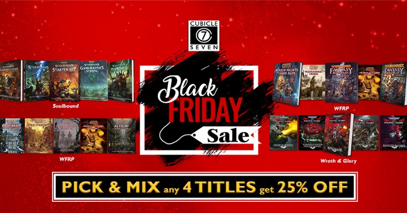cubicle7's tweet photo. Welcome to our Grim-Dark Tabletop Roleplaying Games Sale! 

Choose any four of our bestselling Warhammer RPG books and get an amazing 25% off in our Pick &amp; Mix Black Friday Sale.

Treat yourself or find a gift for the TTRPG fan in your life.

#BlackFridaySale #TTRPGsale #RPGsale