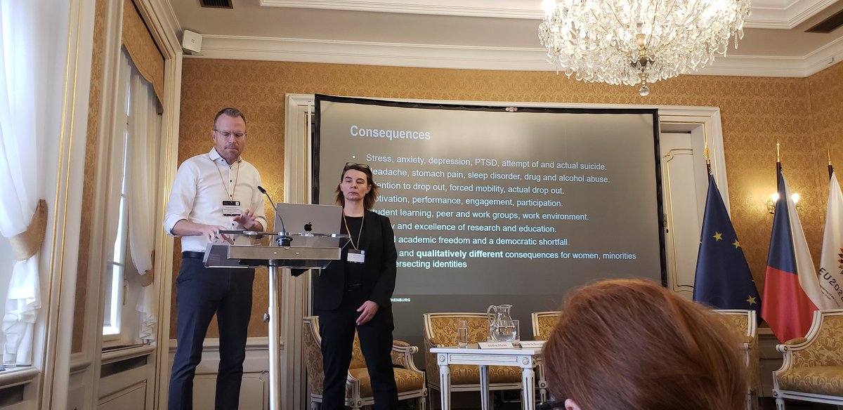 If you are still wondering if #GenderBasedViolence is an issue, consider its consequences, on multiple levels. Keynote by Fredrik Bondestam and Sofia Strid on "No more excuses. Moving beyond Gender-based Violence in Academia. @UniSAFE_gbv #gbv2022