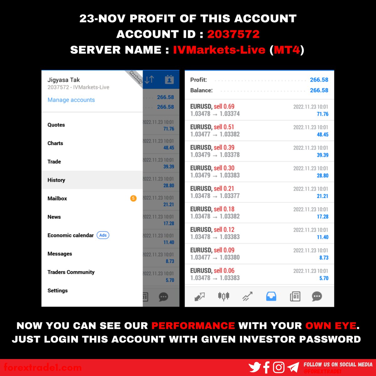 avajames1984's tweet photo. »Login Id: 2037572
»Investor Password: forextrade1
»Server Name: IVMarkets-Live
»Account Type: MT4
»Account start date: 28-4-2022
»Total Net Profit: $12987
»Total Balance: $11267
»Withdrawal: $13561
»Total ROI: 129.87%

#Trending #TrendingNow #Newsnight #Daytrade #Daytrader https://t.co/UkvSPVx6BT