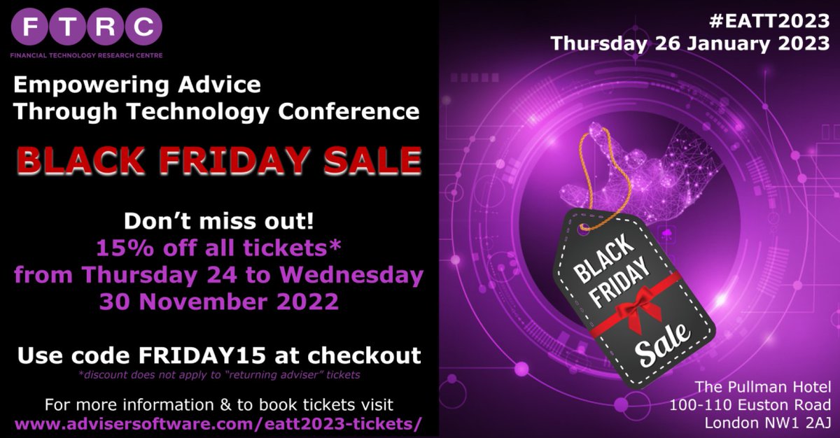 BLACK FRIDAY ALERT!! Save 15% on tickets for #EATT2023

Looking to boost your business by harnessing the power of technology? Then this one-day workshop is perfect for you!

For more info - and to book your ticket - visit advisersoftware.com/eatt/