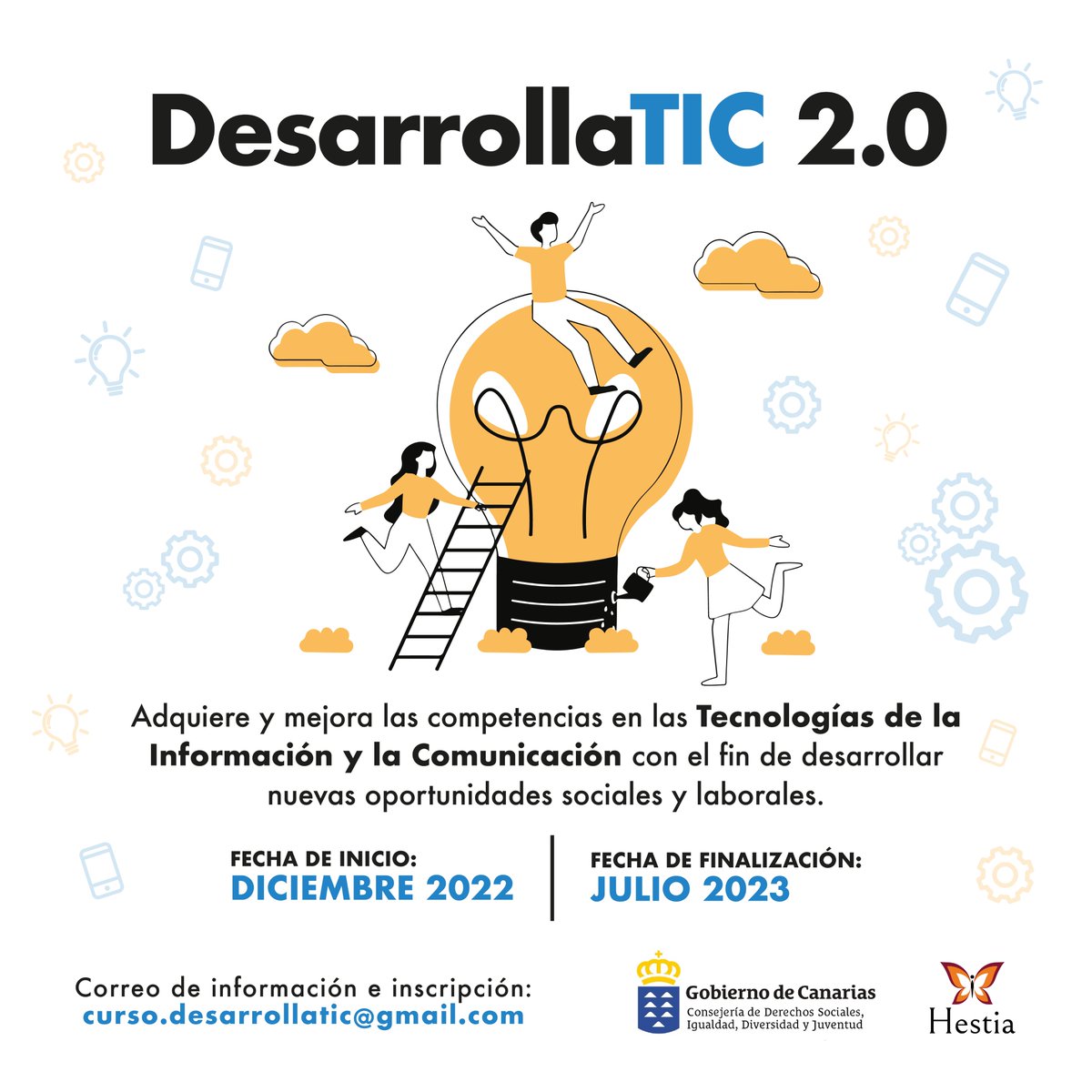 ¡Vuelve DesarrollaTIC!
DesarrollaTIC 2.0 es un proyecto de implementación de Tecnologías de la Información y la Comunicación. Para más información y solicitar inscripción, contacta a través del correo electrónico: curso.desarrollatic@gmail.com