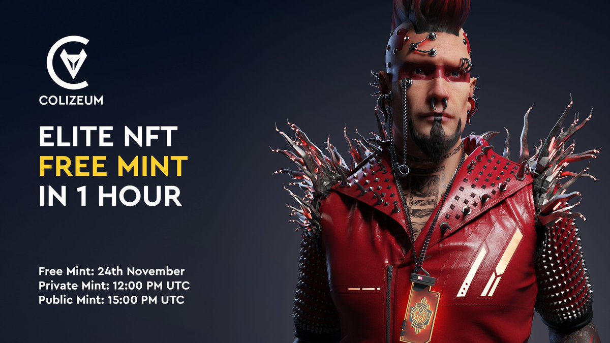 Colizeumcom's tweet photo. ❤️‍🔥Fasten your seatbelts, Colizeum ELITE NFT FREE MINT in less than 1 hour❤️‍🔥

Make sure you have prepared ETH for gas fees!

🚨Mint will take place on https://t.co/vVOViMOsnD

#Free2Own $ZEUM #NFTwhitelist #P2E #NFTMinting #NFTMintAlert #NFTmint #NFT #ELITENFT #FreeMint https://t.co/H12juqOCHw