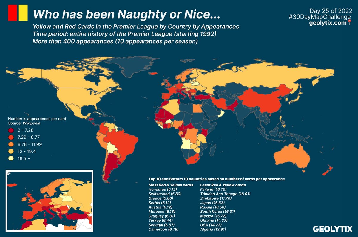 Geolytix's tweet photo. 🌎#30daymapchallenge🌎
Day 25: 2 Colours Friday

Who has been Naughty or Nice (the football edition).
We decided to focus on the colours Yellow and Red so have mapped appearances per card, for the entire history of the Premier League, by country
#map #fifaworldcup #premierleague https://t.co/opGX5ZQccV