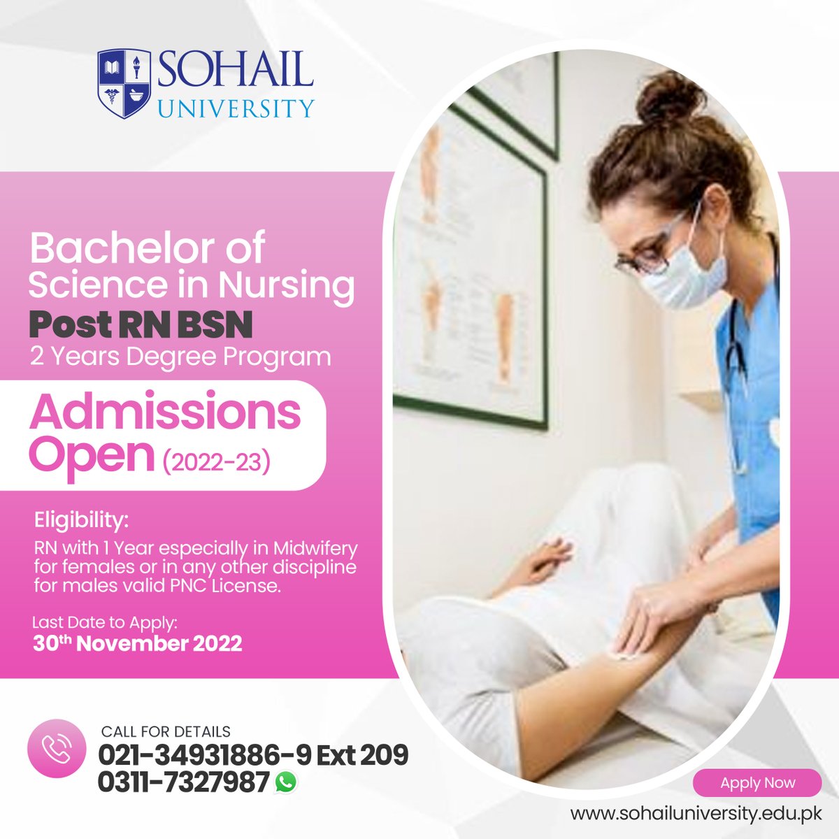 Sohail_Uni's tweet photo. Choose Jinnah College of Nursing to become a Healthcare Professional! 
Sohail University transforming the lives of students.
Program Duration: Post RN BSN - 2 years Degree Program
Apply now: https://t.co/jveg4hta3M #SohailUniversity #Nurse #BSN #Generic #PostRN #Karachi https://t.co/bc0qpBYL0l