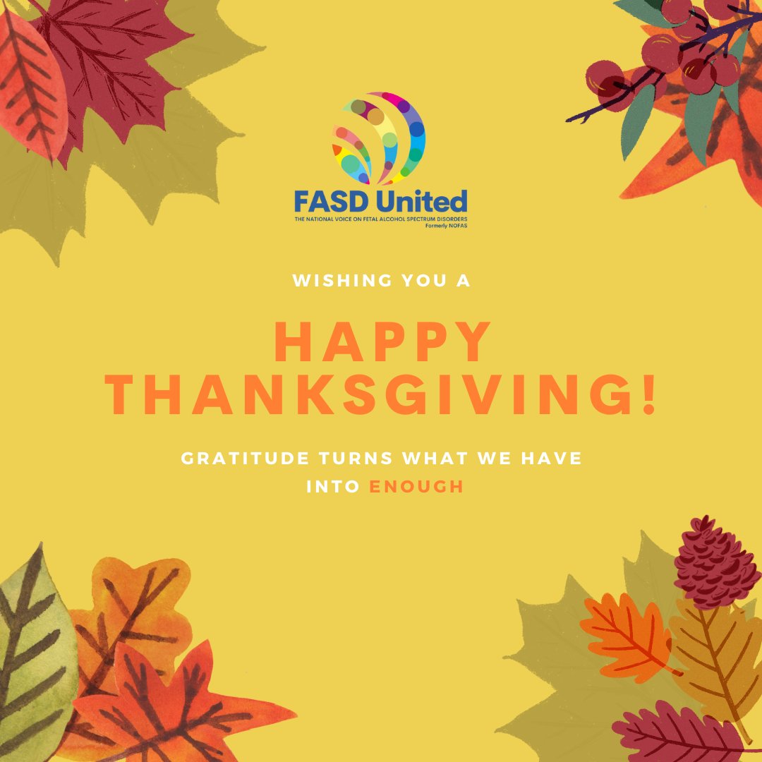 FASDUnited's tweet photo. We're feeling #thankful today because it's Thanksgiving 2022 🦃🤝
A reminder that gratitude and grace go a long way, as well as delicious food. Friends and family are celebrating all over today so we want to wish the #fasdcommunity a happy & healthy holiday! https://t.co/4OSRqb4F3b