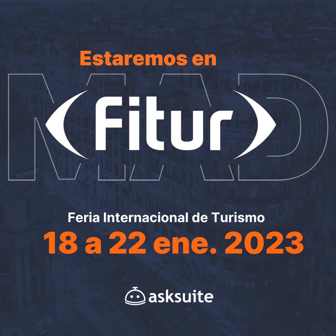 📅 ¡El 2023 ya está llegando! (¿tan rápido?) y comienza con uno de los mayores eventos mundiales para los profesionales del turismo: FITUR MADRID. Asksuite está confirmada en el stand 8D04, listo para darte la bienvenida.Garantiza tu pasaporte: lnkd.in/gG9_DZz