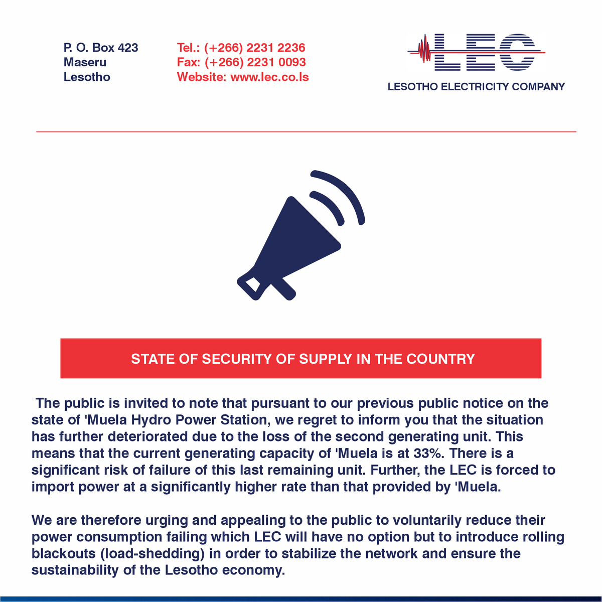 online_lec's tweet photo. The public is invited to note that pursuant to our previous public notice on the state of 'Muela Hydro Power Station, we regret to inform you that the situation has further deteriorated due to the loss of the second generating unit. https://t.co/mz7gzWv41K