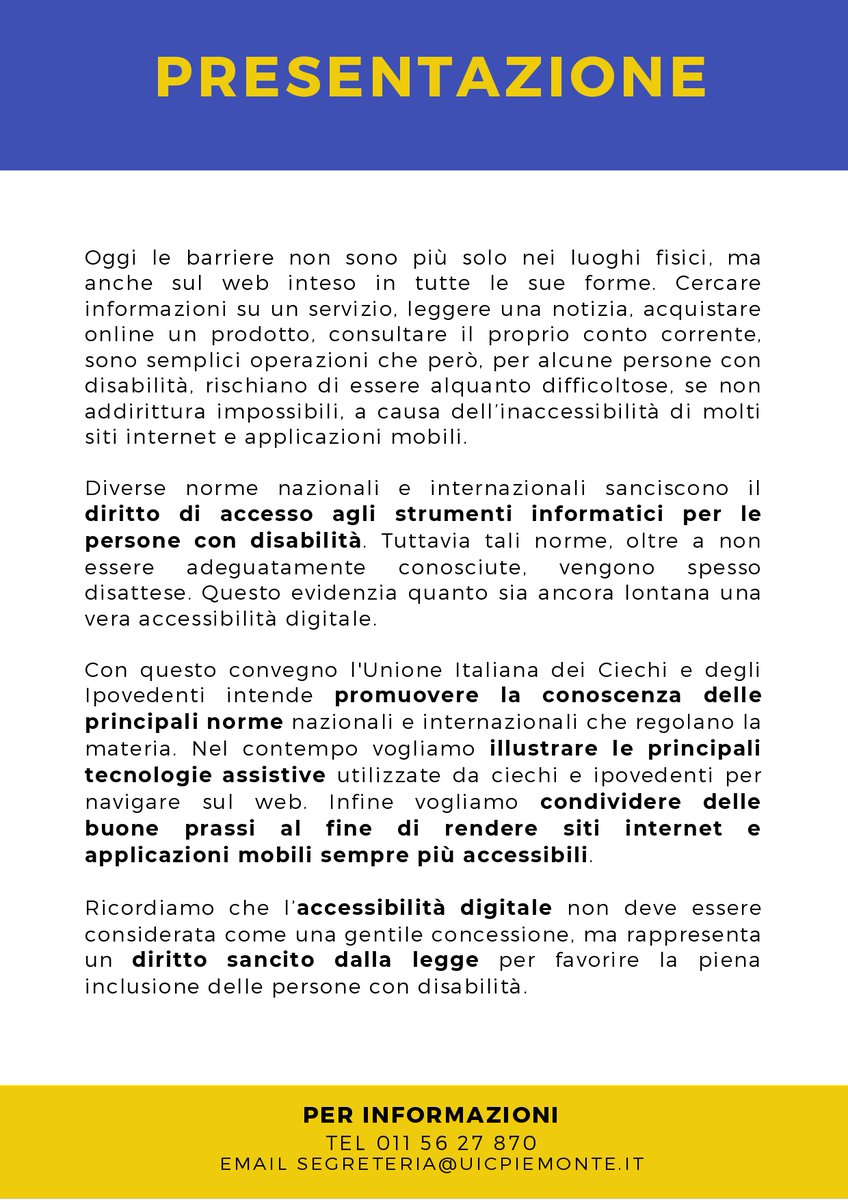 uicpiemonte's tweet photo. Convegno "Accessibilità digitale: la password per una piena inclusione"

📆 venerdì 2 dicembre 2022 ore 15 - Torino, Castello del Valentino Salone d'onore 

🗣️Relazioni di @csipiemonte @AgidGov @FondazioneLIA

👉🏼Programma completo: https://t.co/K59AGxCKES https://t.co/aTa5kMwFYs