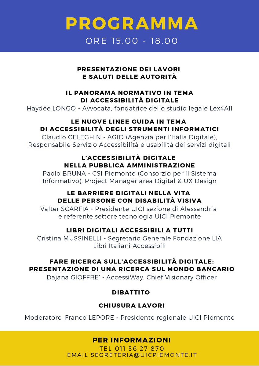 Convegno "Accessibilità digitale: la password per una piena inclusione"

📆 venerdì 2 dicembre 2022 ore 15 - Torino, Castello del Valentino Salone d'onore 

🗣️Relazioni di <a href="/csipiemonte/">CSI Piemonte</a> <a href="/AgidGov/">AGID</a> <a href="/FondazioneLIA/">Fondazione LIA</a>

👉🏼Programma completo: tinyurl.com/yc85r9ch