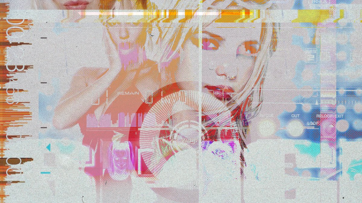 Multi-coloured abstract artwork featuring sillhouettes of Britney Spears, sound waves and DJ controls