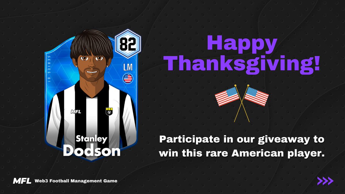 playMFL's tweet image. The MFL team is wishing a Happy Thanksgiving to all our American friends 🇺🇸 🎉 

Thank you all for being part of the MFL community, we're lucky to have you. 

To celebrate, we are having a giveaway with a rare MFL American 🇺🇸 player to win. 🔥 Follow, Like &amp;amp; RT to enter! 🍀